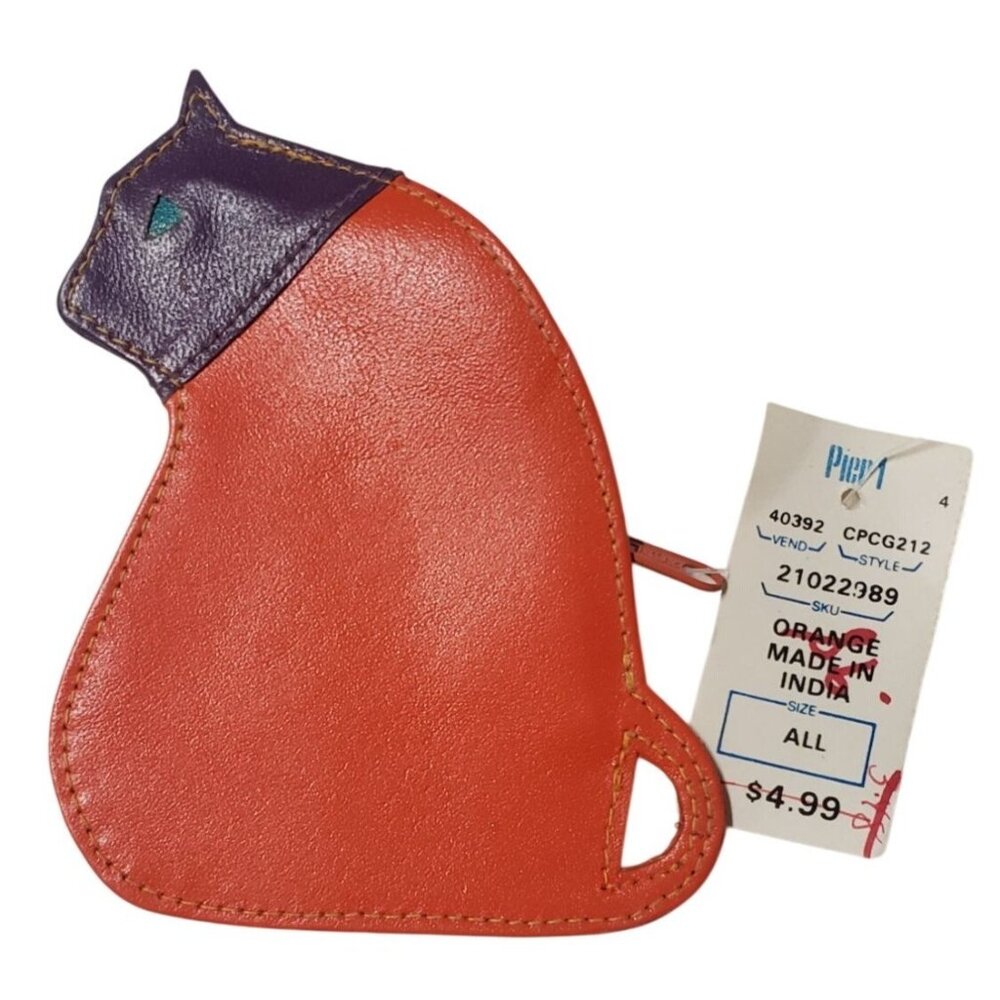Orange & Purple Cat-Shaped Genuine Cuir/Leather Coin Purse Wallet Made In India